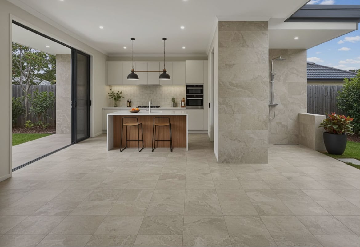 Stone-look tiles flowing from kitchen to alfresco